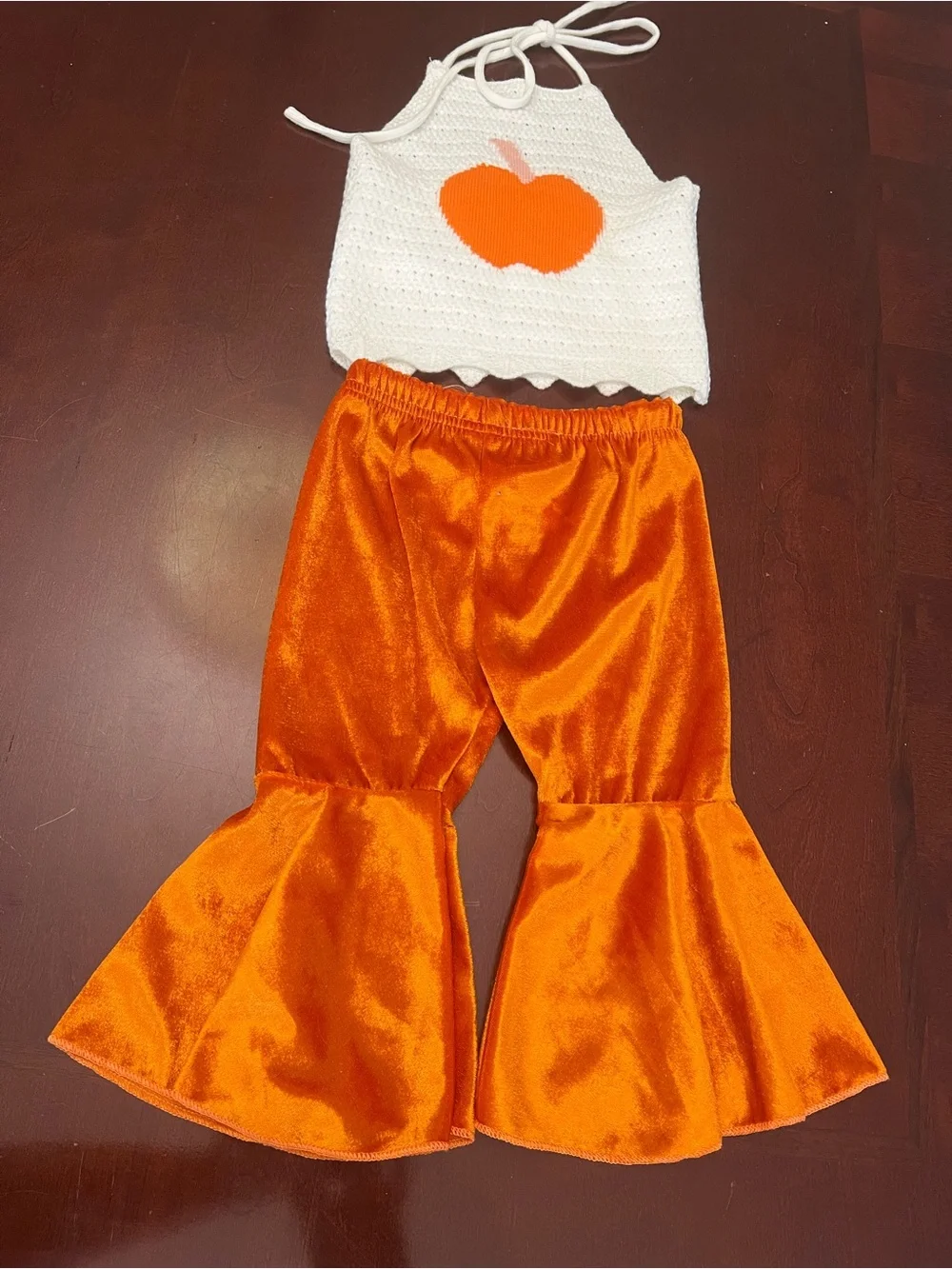 Toddler Pumpkin Knit Halter & Velvet Flare Set - White & Orange